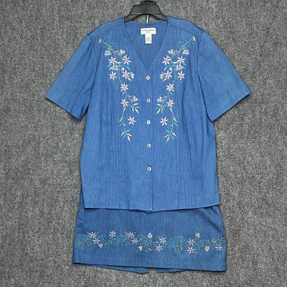 Alfred Dunner Woman Floral Embroidered Denim Skirt Blouse Set Size 16W Skirt 18 - Picture 1 of 15